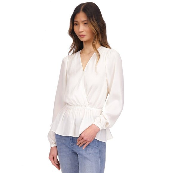 Michael Kors Women's Satin Faux Wrap Top Ivory Size L MSRP $98 - Picture 2 of 4
